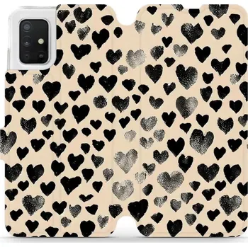 Pouzdro na mobilní telefon Flipové pouzdro Mobiwear - Samsung Galaxy A51 - VA51S Černá srdíčka (Knížkové flip pouzdro, obal, kryt na mobil Samsung Galaxy A51 - VA51S Černá srdíčka, materiál Umělá kůže + TPU - ochrana 360°, stojánek, silikonová vanička, magnetické zavírání)