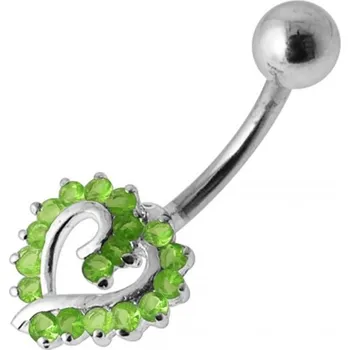 Piercing Šperky4U Stříbrný piercing do pupíku srdíčko, světle zelené zirkony - BP01026-G