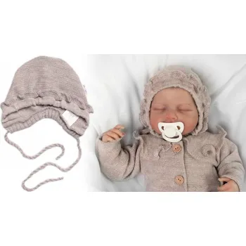 Kojenecká čepice Pletená čepička na zavazování bonetka Girl, Hand Made Baby Nellys, béžová, Velikost koj. oblečení 56-62 (0-3m)