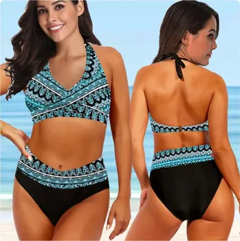 Dámské plavky Dámské plavky dvojdílné s vysokým pasem - dvoubarevné (vel. Plus size až 5XL) Barva: 8331 - modrá, Velikost: S