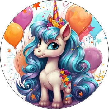 Jedlá dekorace na dort Jedlý papír Unicorn modrá hříva 19,5cm