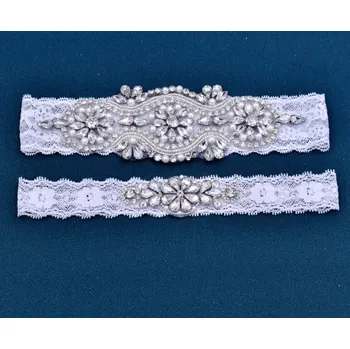 B-TOP Svatební dvojitý podvazek s krystaly a perlami Typ: Typ 3