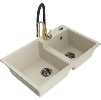 Granitový dřez Mexen Tomas 2miskový granitový dřez s kuchyňskou baterií Aster, béžová 6516-69-73450-57-B