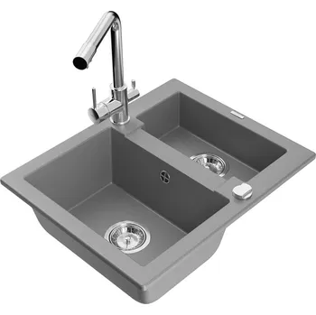 Granitový dřez Mexen Carlos 1,5miskový granitový dřez s kuchyňskou baterií Duero, šedá 6518-71-671600-00