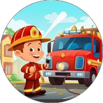 Jedlá dekorace na dort Jedlý papír hasič a hasičský vůz 19,5cm