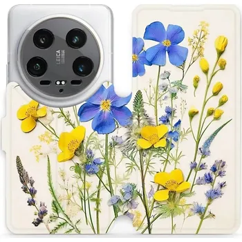 Pouzdro na mobilní telefon Flipové pouzdro Mobiwear - Xiaomi 14 Ultra 5G - VP41S Modré a žluté kvítky (Knížkové flip pouzdro, obal, kryt na mobil Xiaomi 14 Ultra 5G - VP41S Modré a žluté kvítky, materiál Umělá kůže + TPU - ochrana 360°, stojánek, silikonová vanička, magnetické)