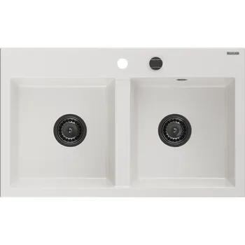 Granitový dřez Mexen Hektor 2miskový granitový dřez 800 x 480 mm, bílý, černý sifon - 6521802000-20-B