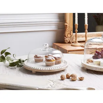 Stojan na dorty z mangového dřeva se skleněným víkem světle hnědý stylový doplněk do kuchyně jídelny Beliani