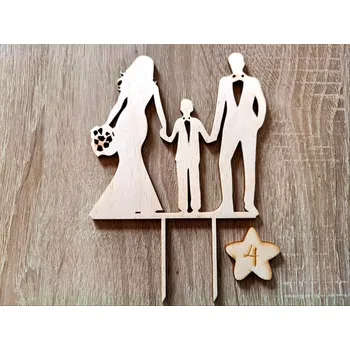Svatební dekorace Dřevěný zápich do dortu - svatební rodina se synem