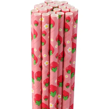 Party nádobí Brčka papírová 25 ks - růžová s jahodami