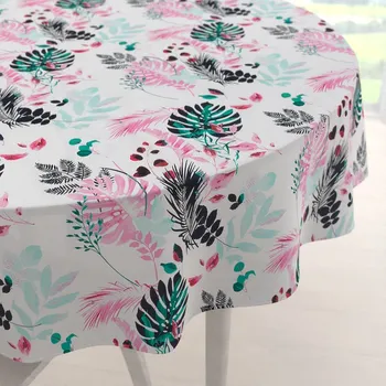 ubrus Bavlněný kulatý ubrus Sandra SA-413 Růžové a zelené tropické listy na bílém Ø 50 cm