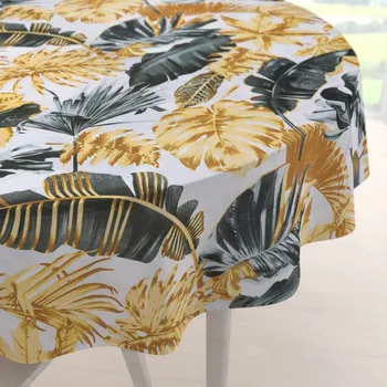 ubrus Bavlněný kulatý ubrus Sandra SA-388 Šedozelené a zlaté tropické listy na bílém Ø 70 cm