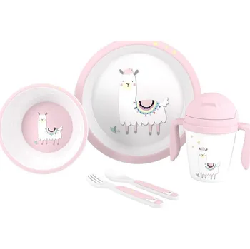 dětská jídelní sada Interbaby Jídelní set Lama +6M růžový