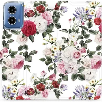 Pouzdro na mobilní telefon Flipové pouzdro Mobiwear - Motorola Moto G34 5G - MD01S Růže na bílé (Knížkové flip pouzdro, obal, kryt na mobil Motorola Moto G34 5G - MD01S Růže na bílé, materiál Umělá kůže + TPU - ochrana 360°, stojánek, silikonová vanička, magnetické zavírání)
