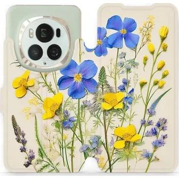 Pouzdro na mobilní telefon Flipové pouzdro Mobiwear - Honor Magic6 Pro - VP41S Modré a žluté kvítky (Knížkové flip pouzdro, obal, kryt na mobil Honor Magic6 Pro - VP41S Modré a žluté kvítky, materiál Umělá kůže + TPU - ochrana 360°, stojánek, silikonová vanička, magnetické zavírání