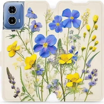 Pouzdro na mobilní telefon Flipové pouzdro Mobiwear - Motorola Moto G34 5G - VP41S Modré a žluté kvítky (Knížkové flip pouzdro, obal, kryt na mobil Motorola Moto G34 5G - VP41S Modré a žluté kvítky, materiál Umělá kůže + TPU - ochrana 360°, stojánek, silikonová vanička, magnetické)