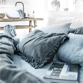 Povlak na polštářek Lněný povlak na polštář modrý s volánem