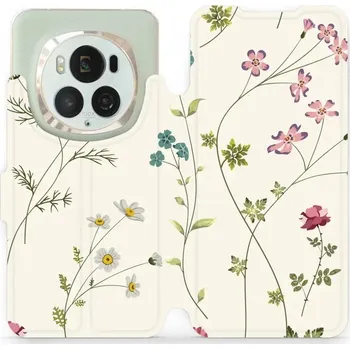 Pouzdro na mobilní telefon Flipové pouzdro Mobiwear - Honor Magic6 Pro - MD03S Tenké rostlinky s květy (Knížkové flip pouzdro, obal, kryt na mobil Honor Magic6 Pro - MD03S Tenké rostlinky s květy, materiál Umělá kůže + TPU - ochrana 360°, stojánek, silikonová vanička, magnetické)