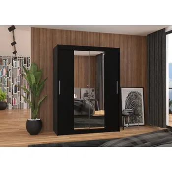 Šatní skříň Skříň s posuvnými dveřmi a zrcadlem 150 cm - Iness Barva: Černá