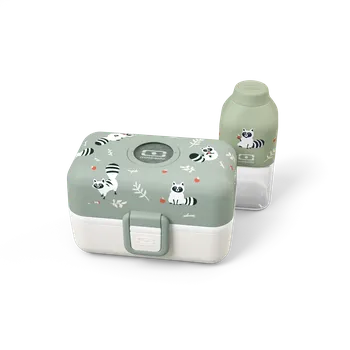 Termobox MonBento, Dětský dárkový set na svačinu, box a láhev Tresor Raccoon Green | zelený