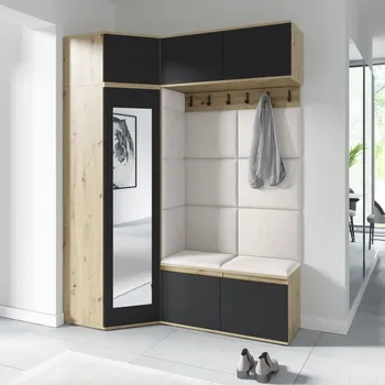 Předsíňová stěna Rohová předsíňová stěna Emi 38 - dub Artisan/černá Barva čalounění: Krémová - Trinity 01