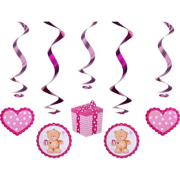 PartyDeco Závěsné spirály růžové s medvídkem (5 ks)
