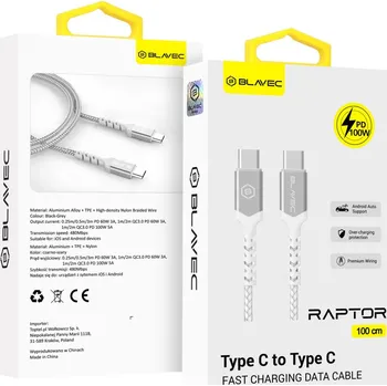 Náhradní díl pro mobilní telefon Datový kabel Blavec Raptor Braided - typ C na typ C - PD 100W 5A 1m (CRA-CC5WS10) bílo-stříbrný