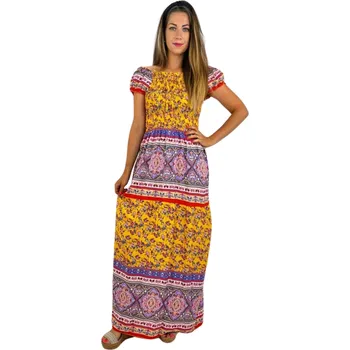 Dámské šaty NOVINKA-Letní šaty s žabičkováním - ornamenty- žluté