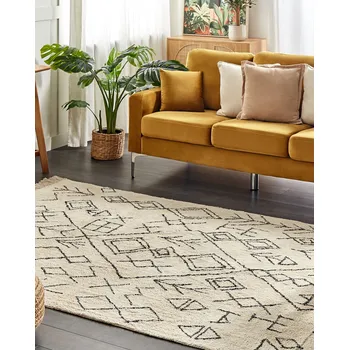 Koberec Koberec Béžová Bavlna 160 x 230 cm Obdélníkový se střapci Geometrický vzor Boho Orientální Beliani