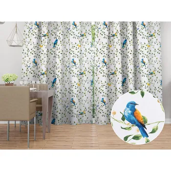 ubrus Bavlněný závěs Sandra SA-501 Modří ptáčci a větvičky na bílém 150x140 cm