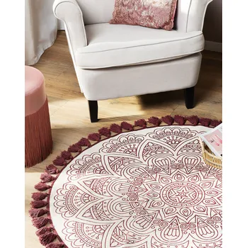 Koberec Koberec červený bavlněný ø 120 cm kulatý orientální vzor se střapci moderní boho styl obývací pokoj Beliani