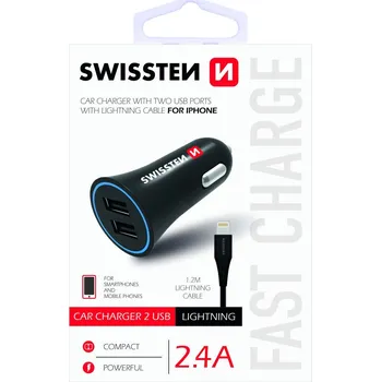 Zástrčka SWISSTEN s 2x USB výstupem 2,4A, 12/24V s kabelem lightning (iPhone), 46751
