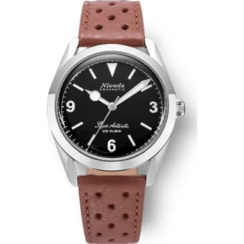 Hodinky Nivada Grenchen Super Antarctic 3.6.9 Black - Brown Racing strap + 5 let záruka a dárek ZDARMA