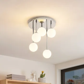 Stropní svítidlo Lindby Chrissy, Ø 27 cm, chrom, 5 světel, sklo - Stínítko - Ø 8 cm; stříška - Ø 22 cm chrom, bílá 5 x 8 W - Doprava zdarma