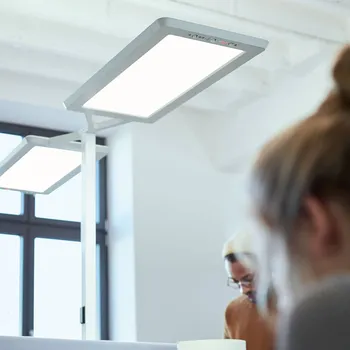 Lampička Waldmann Stojací lampa LED Yara.double VTL, LTX, stříbrná - noha - výška 1 cm, délka 35 cm, šířka 45 cm; výška hlavy 2,4 cm, délka 170,8 cm, šířka 35,8 cm; délka kabelu 300 cm kovové stříbro, satinované LED celkem 210 W - Doprava zdarma