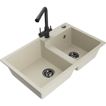 Granitový dřez Mexen Tomas dřez granitový 2-komorový s kuchyňskou baterií Duero, béžový - 6516-69-671600-70 Granitové dřezy s baterií