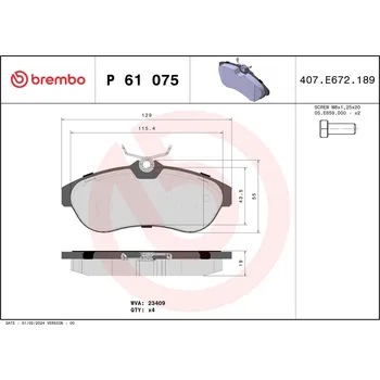 Brzdová destička Sada brzdových destiček, kotoučová brzda BREMBO P 61 075