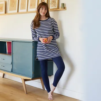 Dámské pyžamo Blancheporte Pruhované moltonové pyžamo s legínami nám.modrá/režná 42/44