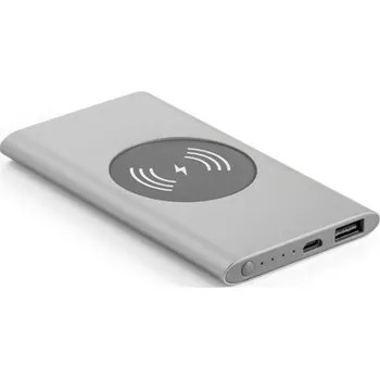 Powerbanka CASSINI. Powerbanka 4 000 mAh s 5W bezdrátovou nabíječkou ze recyklovaného hliníku (100% rAL) - Saténově Stříbrná, Firemní dárkové předměty s vlastním potiskem