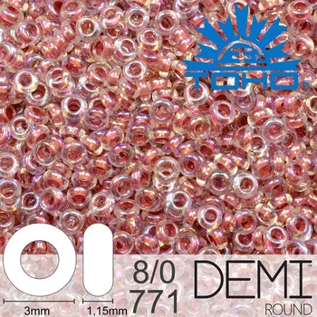 Korálek Korálky TOHO Demi Round 8/0. Barva 771 Color Rainbow Crystal/Strawberry-Lined.. Balení 5g