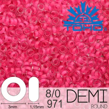 Korálek Korálky TOHO Demi Round 8/0. Barva 971 Inside-Color Matte Crystal/Neon Pink-Lined. Balení 5g