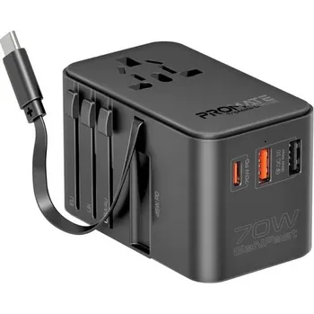 Datový kabel 70W Cestovní adaptér / nabíječka PROMATE - EU / UK / USA / CN + USB-A + USB-C - kabel USB-C - černá