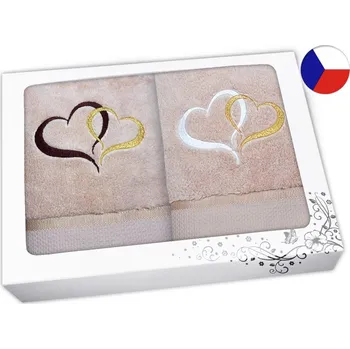 Ručník Luxusní dárková sada ručníků s výšivkou béžová Srdce hnědá/bílá