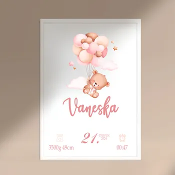 Plakát Plakát s údaji o narození PRO HOLČIČKU - MEDVÍDEK Rozměr plakátu: A4 (21 x 29,7 cm), Rámeček: Bez rámečku