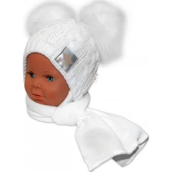 Dětský overall Zimní čepička s šálou - chlupáčkové bambulky - bílá,bílé bambulky; 68-86 (6-18m)
