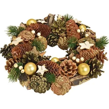 Vánoční dekorace Vánoční umělý věnec 33 x 33 x 8 cm nazdobený hnědo zlatý