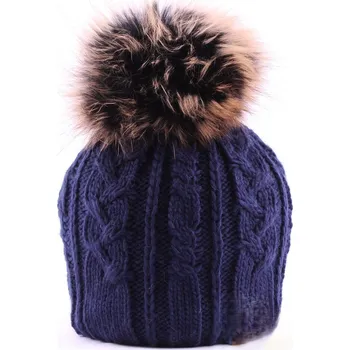 Čepice Dámská čepice s bambulí z pravé kožešiny Pola - tmavě-modrá, VELIKOST UNI