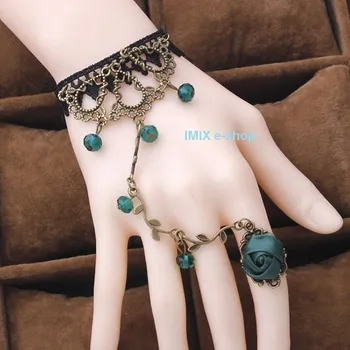 Náramek Krajkový náramek s prstýnkem, filigránem a korálky Tmavě zelená