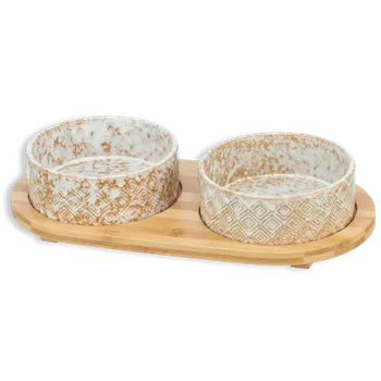 Miska pro psa Trixie Keramické misky v bambusovém stojanu Bílá / Sv. hnědá Velikost: 2 × 0,3 l/ ø 12 cm/ 30 x 6 x 15 cm