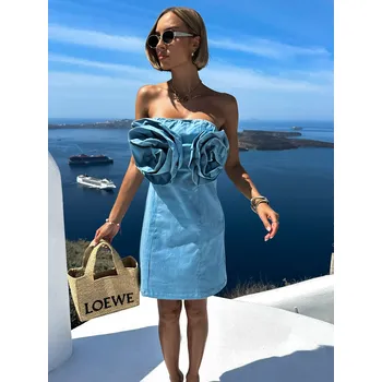 Dámské šaty Modré krátké denim šaty JOAQUIN s aplikací Velikost: S/M